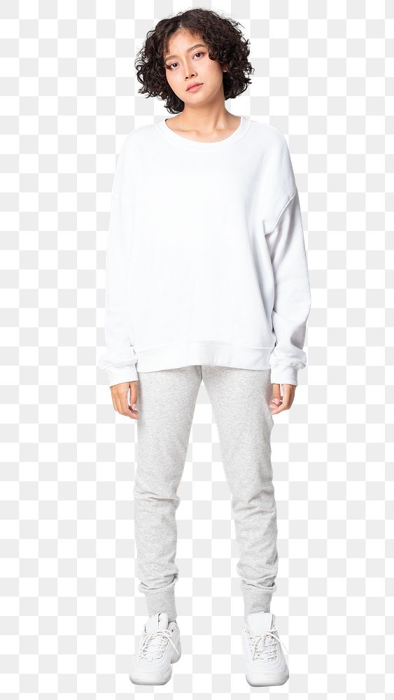 Woman png mockup in white sweater and sweatpants casual wear apparel
