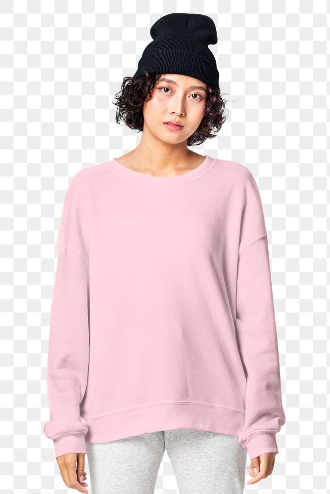 Woman png mockup in pink sweater and beanie winter apparel 