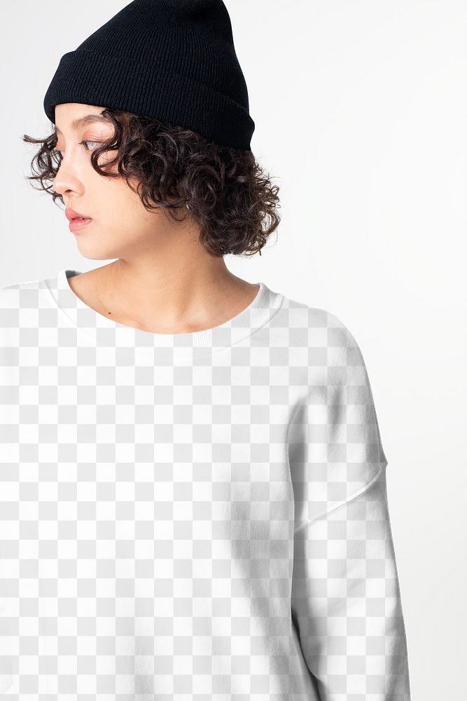 Png long sleeve tee mockup transparent women's apparel studio shoot