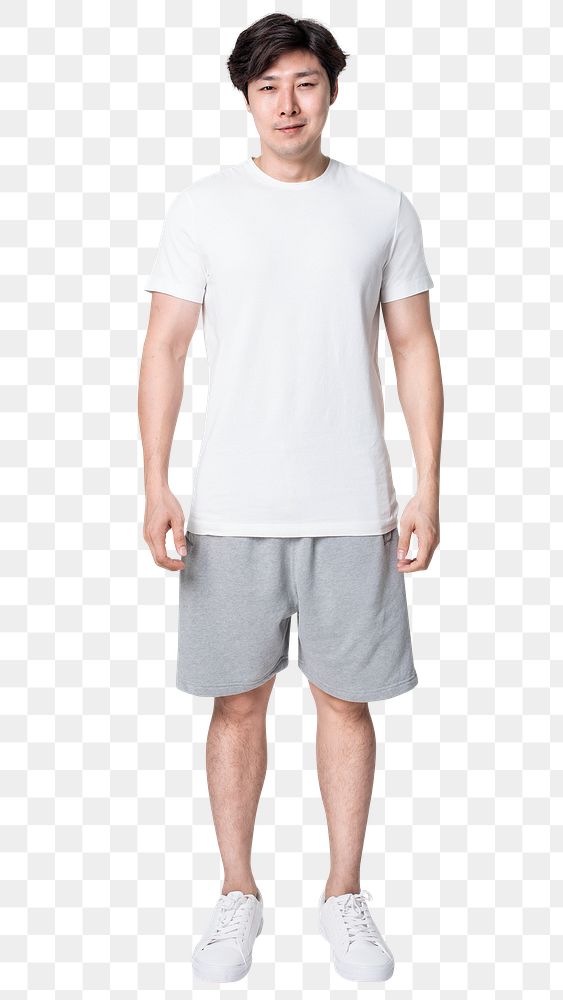 Man png mockup running in t-shirt and shorts sportswear fashion full body