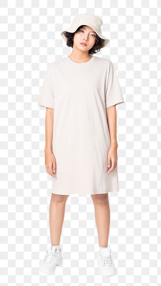 Woman png mockup in t-shirt dress with bucket hat casual wear full body