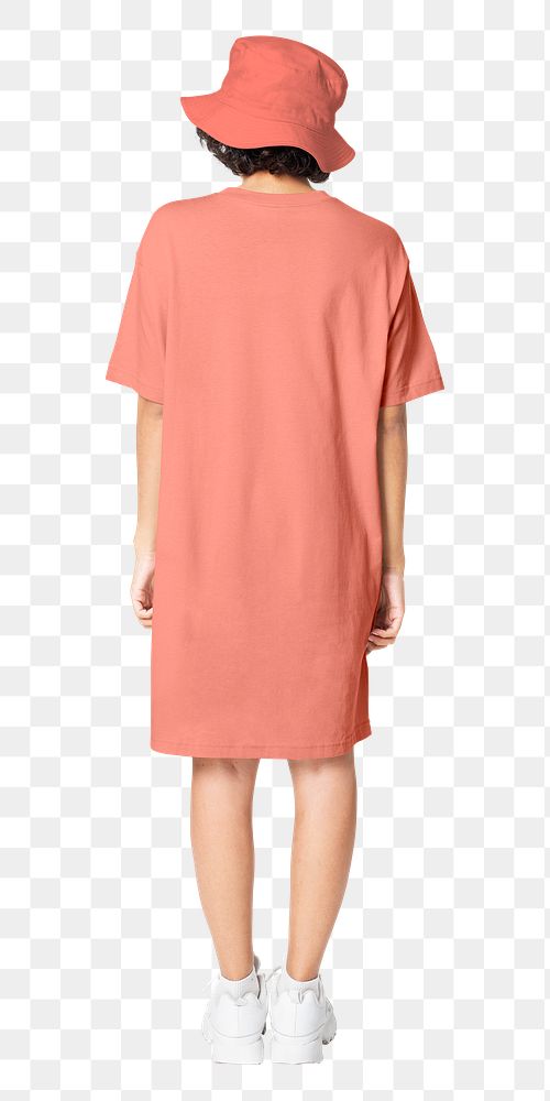 Woman png mockup in t-shirt dress with bucket hat casual wear full body rear view