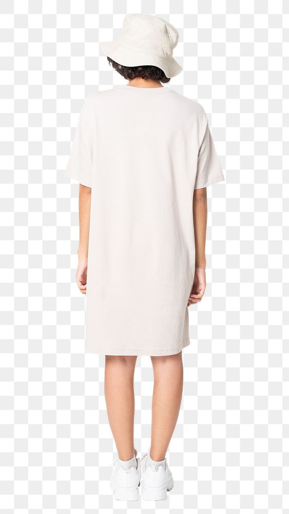 Woman png mockup in t-shirt dress with bucket hat casual wear full body rear view