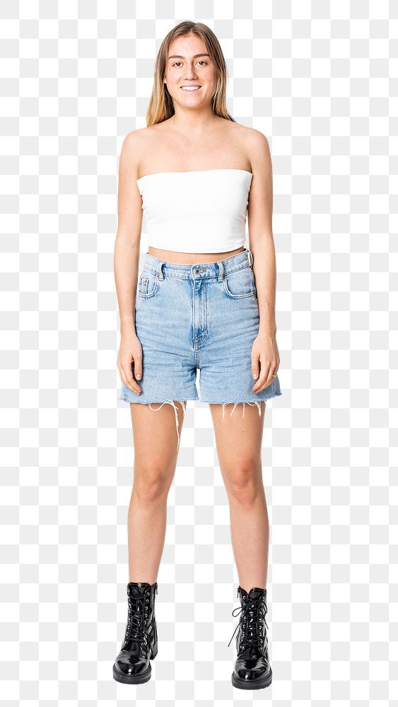 Woman png mockup in white bandeau top and shorts streetwear apparel