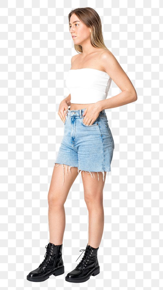 Woman png mockup in white bandeau top and shorts streetwear apparel