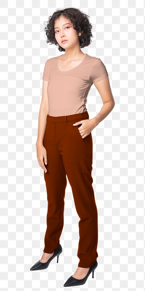 Woman png mockup in pink tee and red slack pants full body