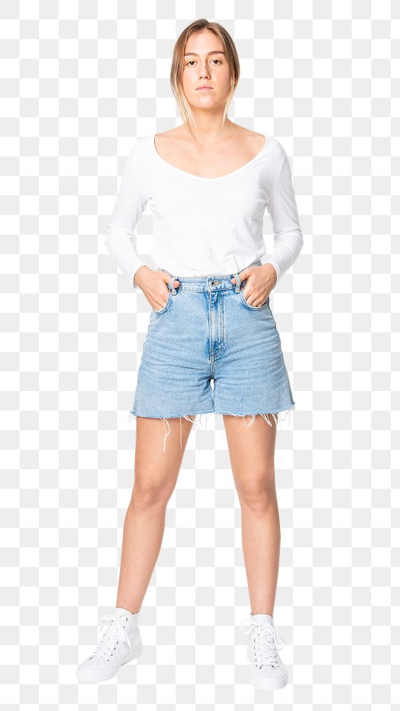 Woman png mockup in white long sleeve and denim shorts casual apparel