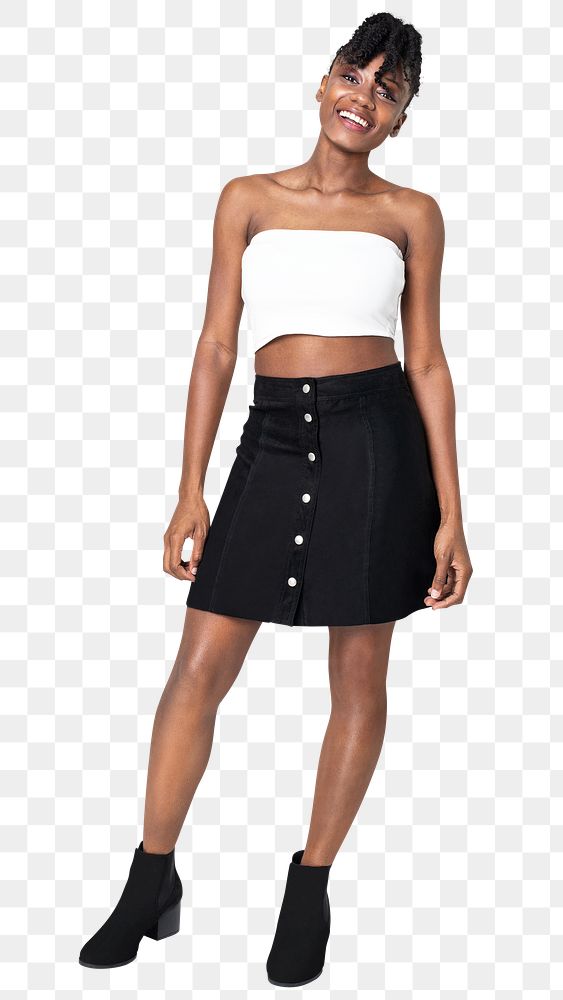 Woman png mockup in black bandeau top and skirt streetwear apparel full body