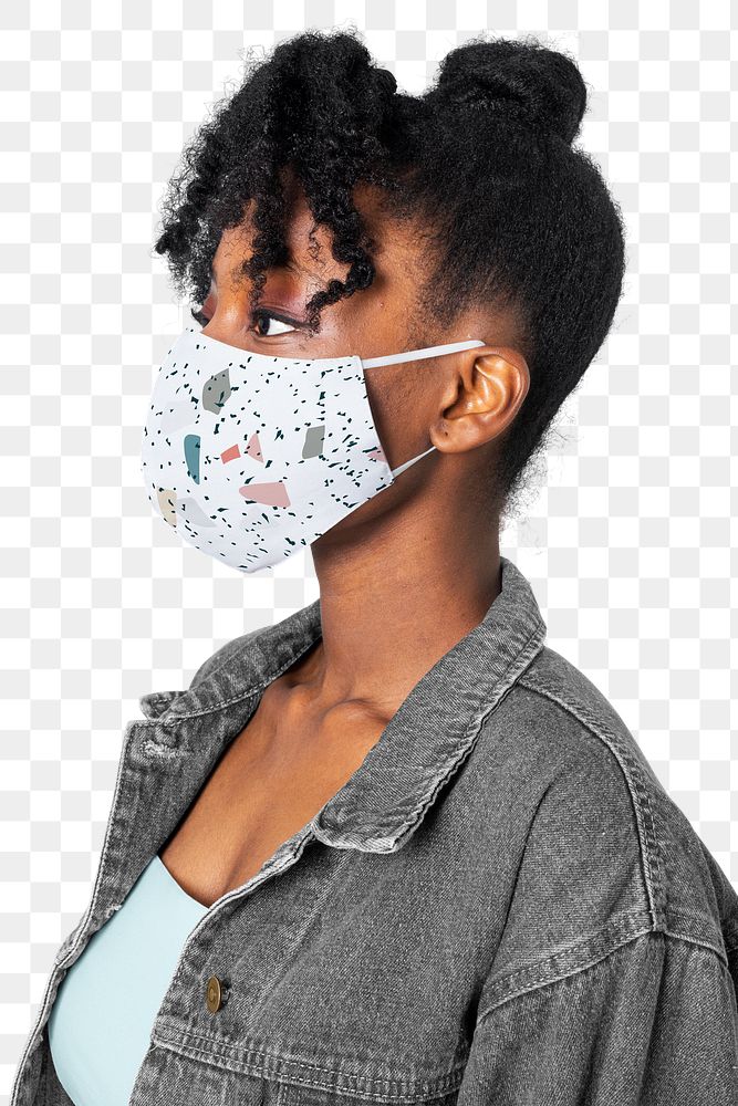Png woman mockup wearing abstract design mask studio shoot