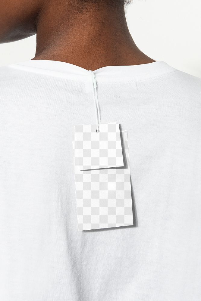 Png clothing tag mockup on white t-shirt
