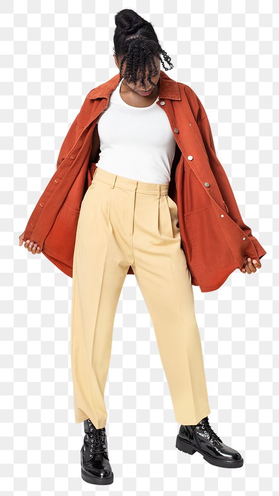 Woman png mockup in orange oversized jacket casual wear apparel full body