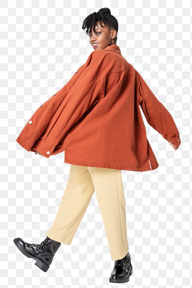 Woman png mockup in orange oversized jacket casual wear apparel rear view
