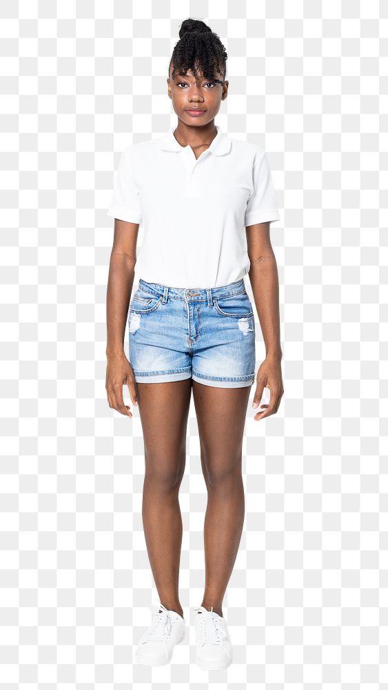 Woman png mockup in white polo shirt with denim shorts casual wear