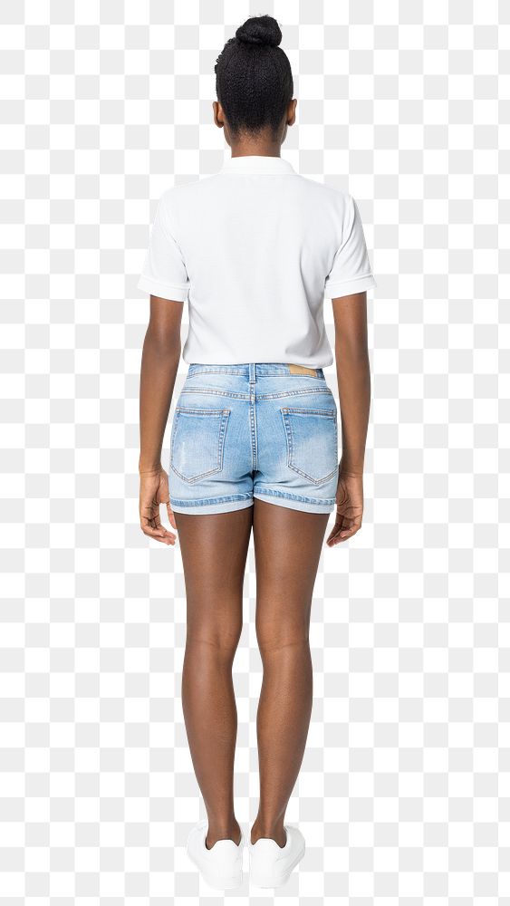Woman png mockup in white polo shirt with denim shorts casual wear rear view
