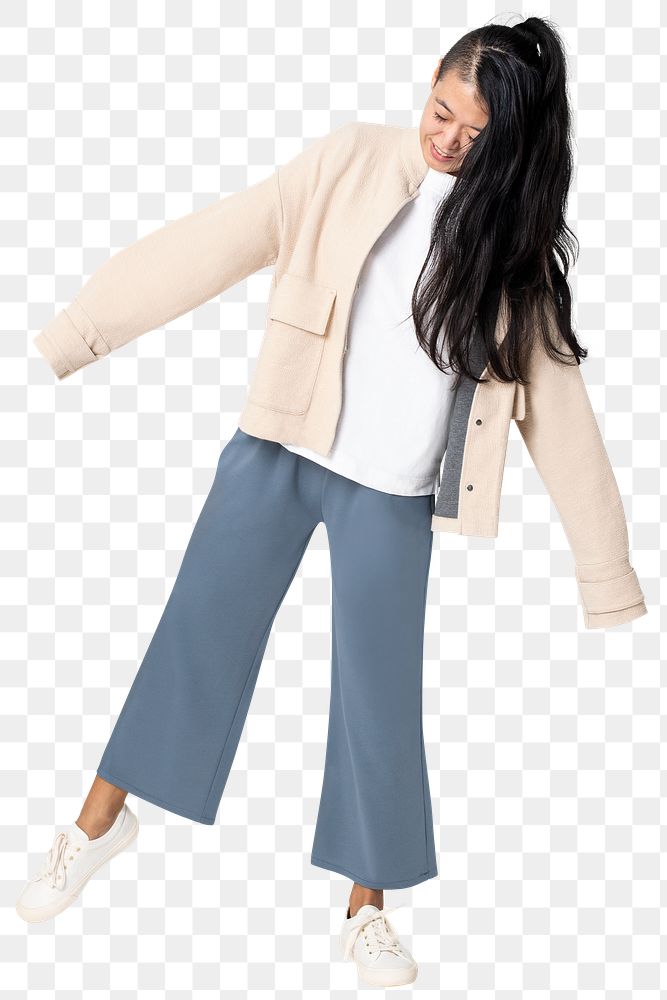 Woman png mockup posing in beige jacket casual wear fashion