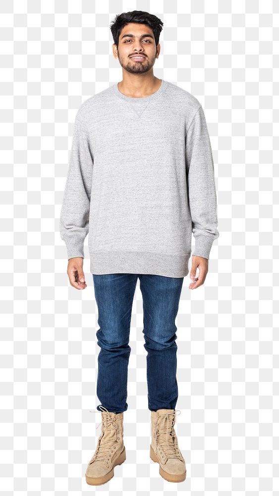 Man png mockup in gray sweater and shorts street fashion full body