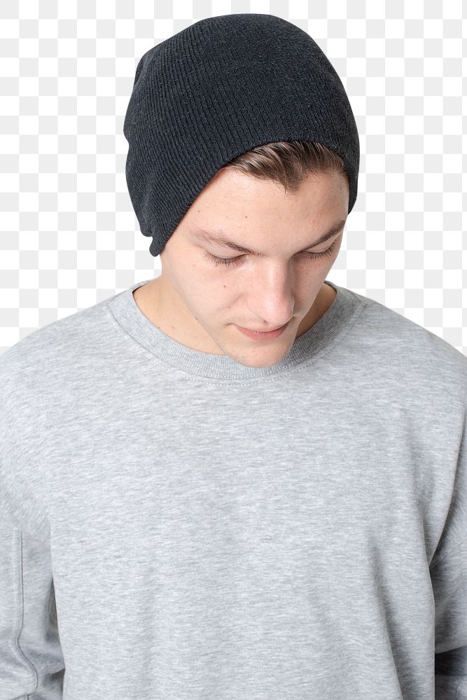Png man mockup in gray long sleeve tee and wool hat men&rsquo;s winter fashion