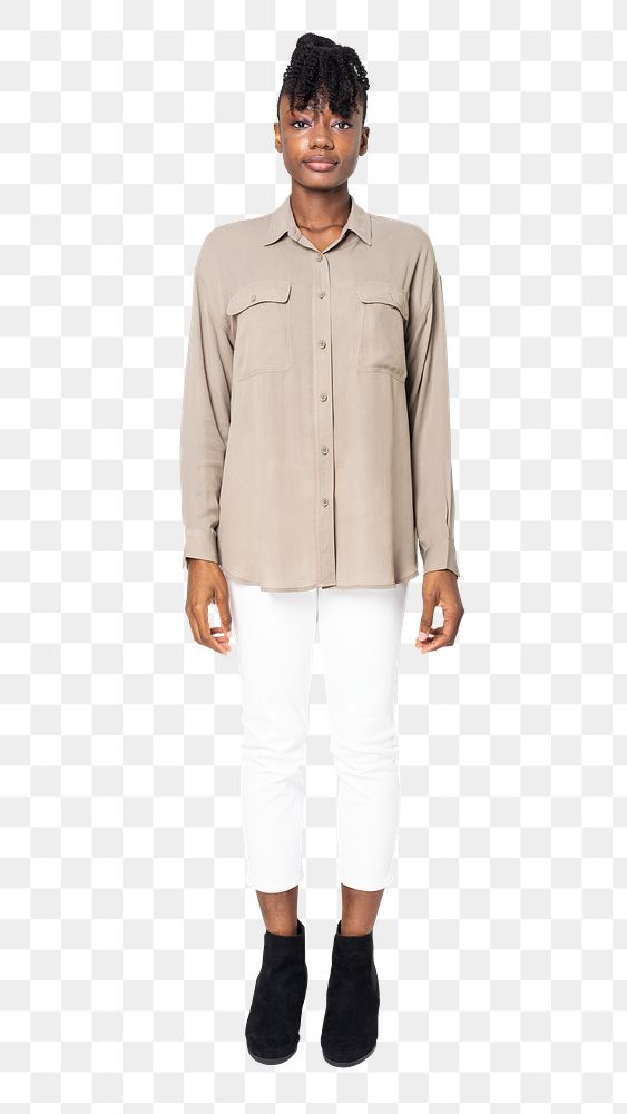 Woman png mockup in beige shirt casual wear full body