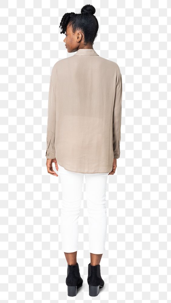 Shirt png mockup in beige woman's casual wear rear view