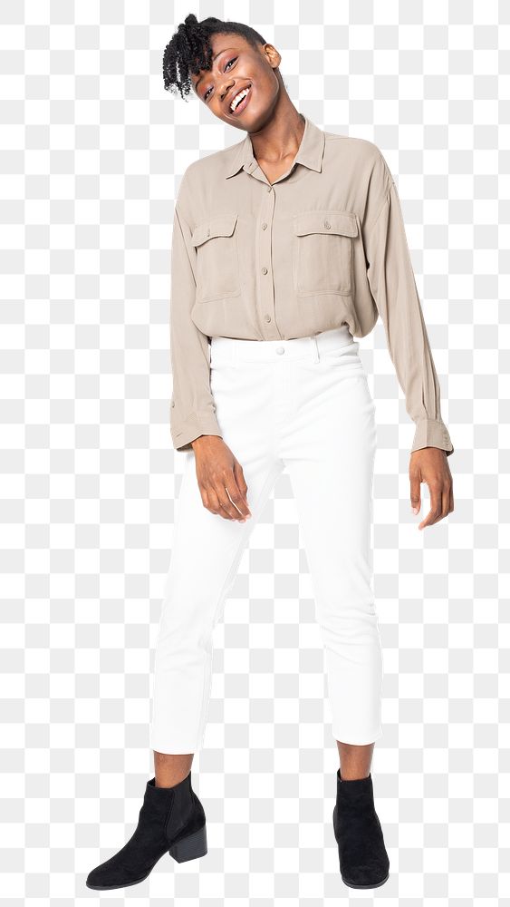 Woman png mockup in beige shirt casual wear full body