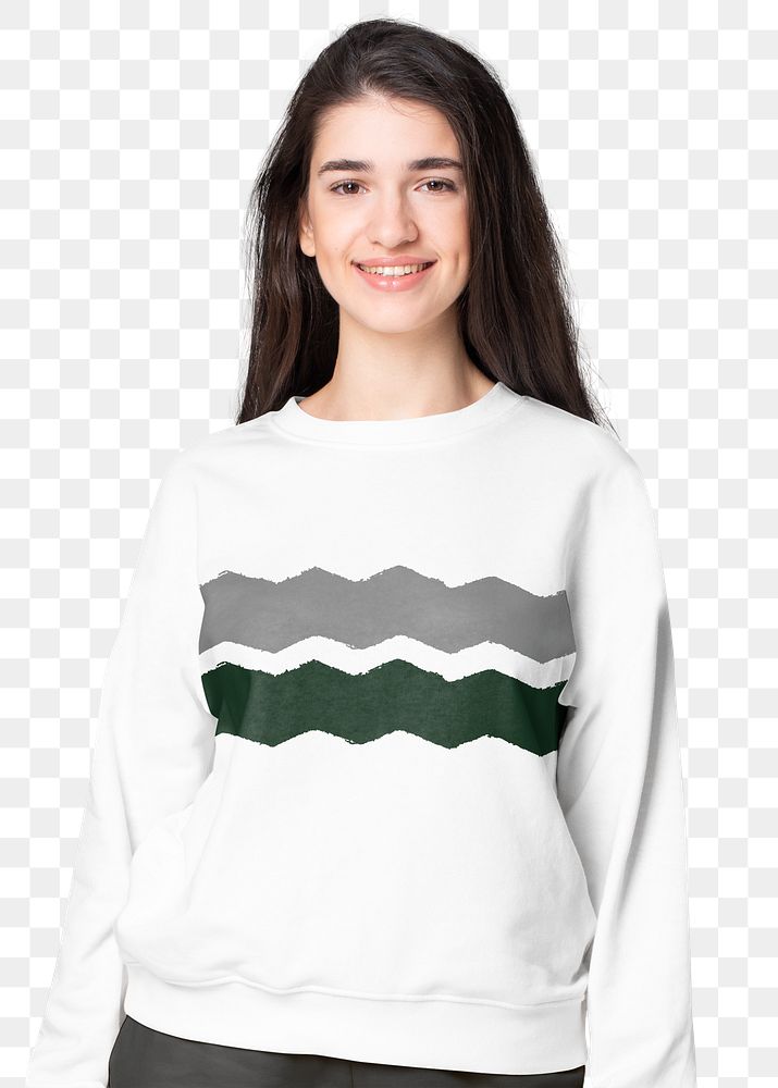 Woman png mockup in zig zag pattern white sweater casual wear apparel