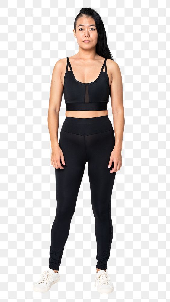 Woman png mockup in black sports bra and leggings activewear fashion full body