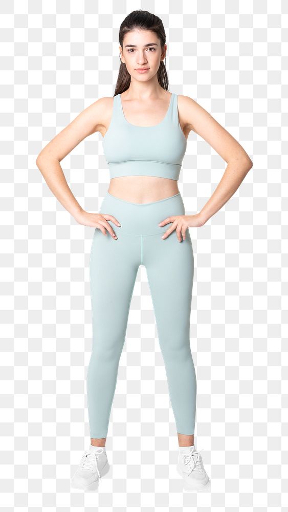Woman png mockup in green sports bra and yoga pants