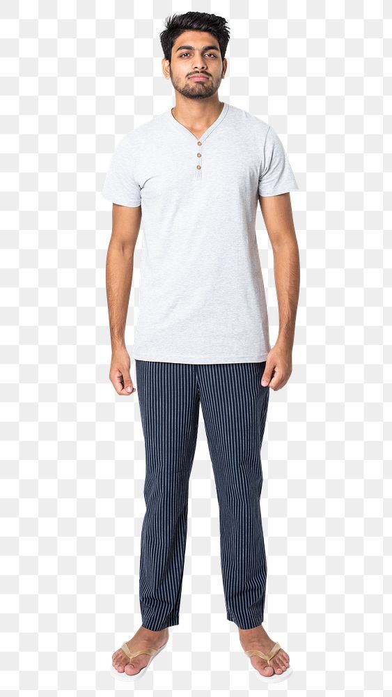 Man png mockup in white t-shirt and pants sleepwear apparel full body