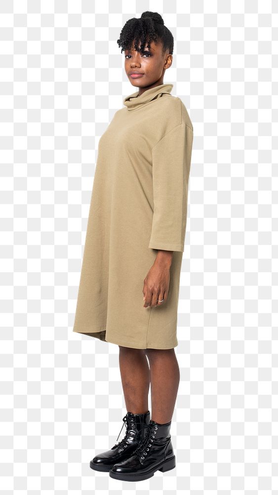 Woman png mockup in beige t-shirt dress casual wear apparel full body