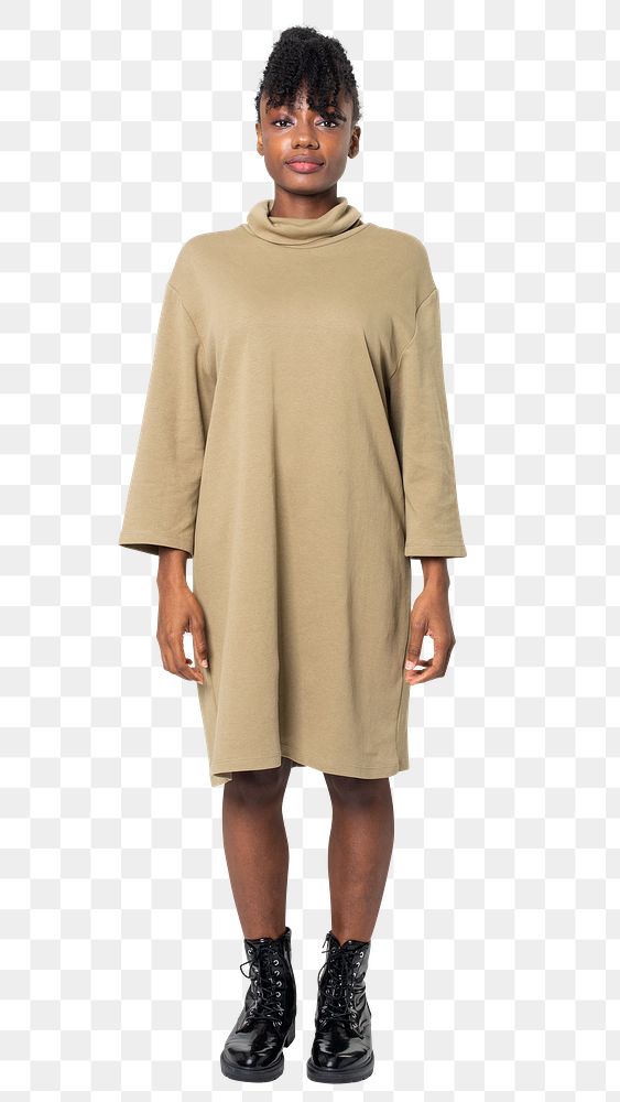 Woman png mockup in beige t-shirt dress casual wear apparel full body