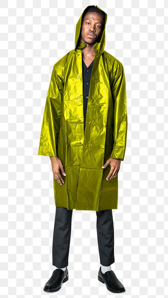 Man png mockup in green reflective raincoat street fashion full body