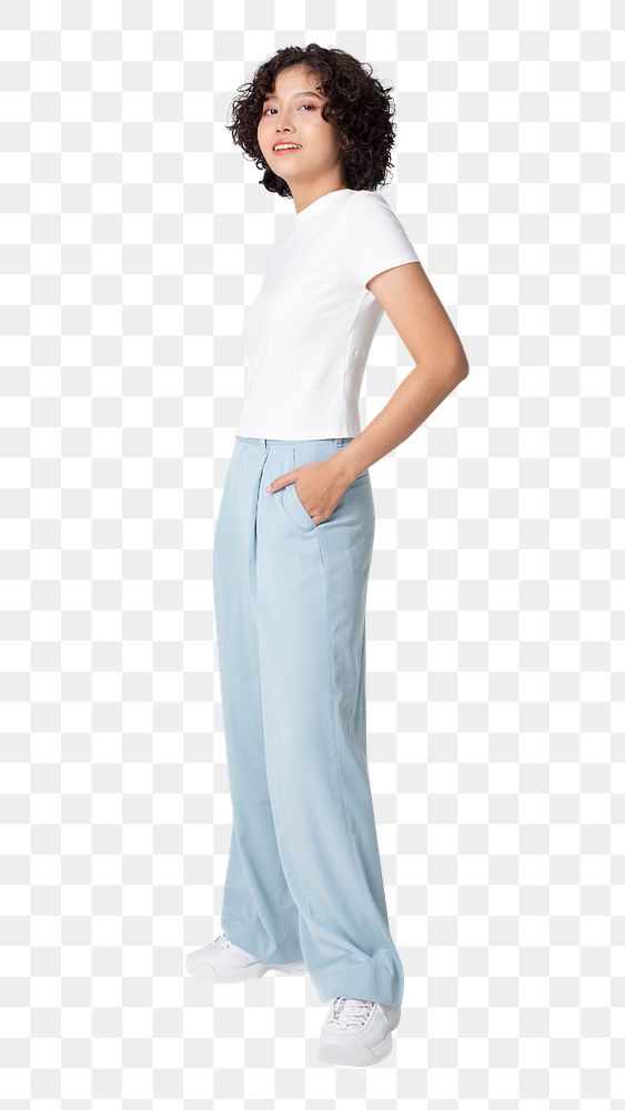 Woman png mockup in white tee and blue loose pants casual fashion