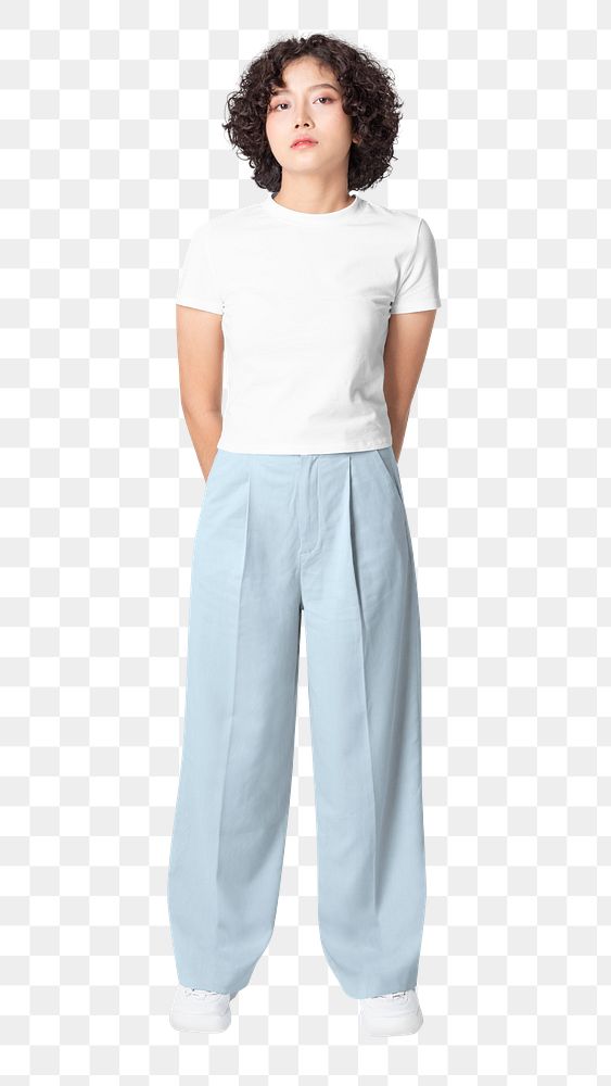 Woman png mockup in white tee and blue loose pants casual fashion