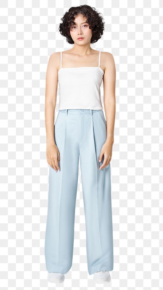 Woman png mockup in white tank top and blue loose slacks casual apparel