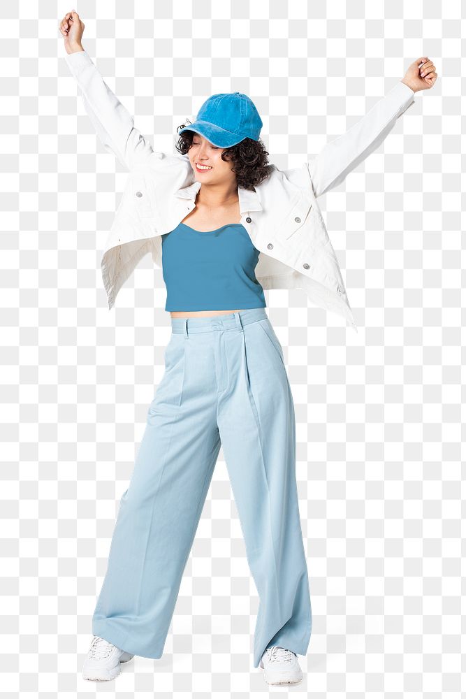 Png happy woman mockup posing in white jacket and blue outfit