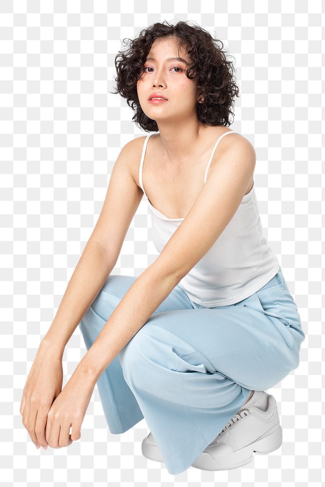 Woman png mockup sitting and posing in simple outfit full body