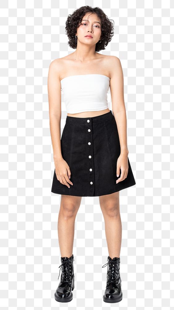 Woman png mockup in white bandeau top and skirt streetwear apparel