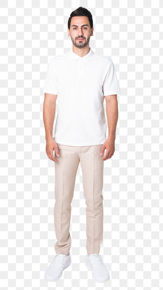 Man png mockup in white polo casual business wear full body