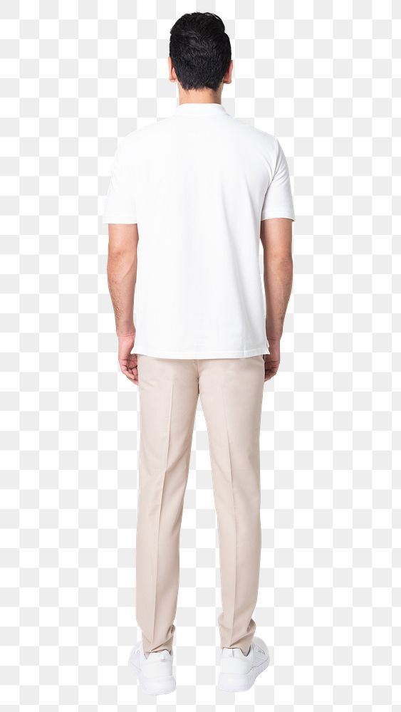 Man png mockup in white polo casual business wear full body rear view