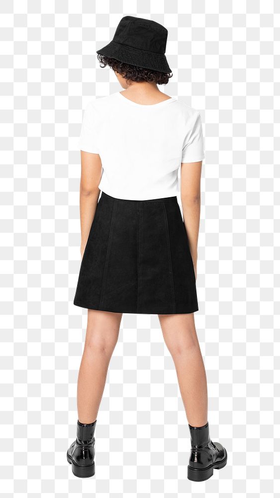 Woman png mockup in white t-shirt top and skirt streetwear apparel set rear view