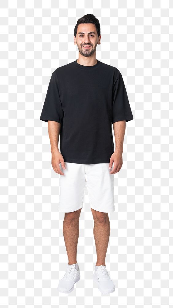 Man png mockup in black t-shirt basic wear full body