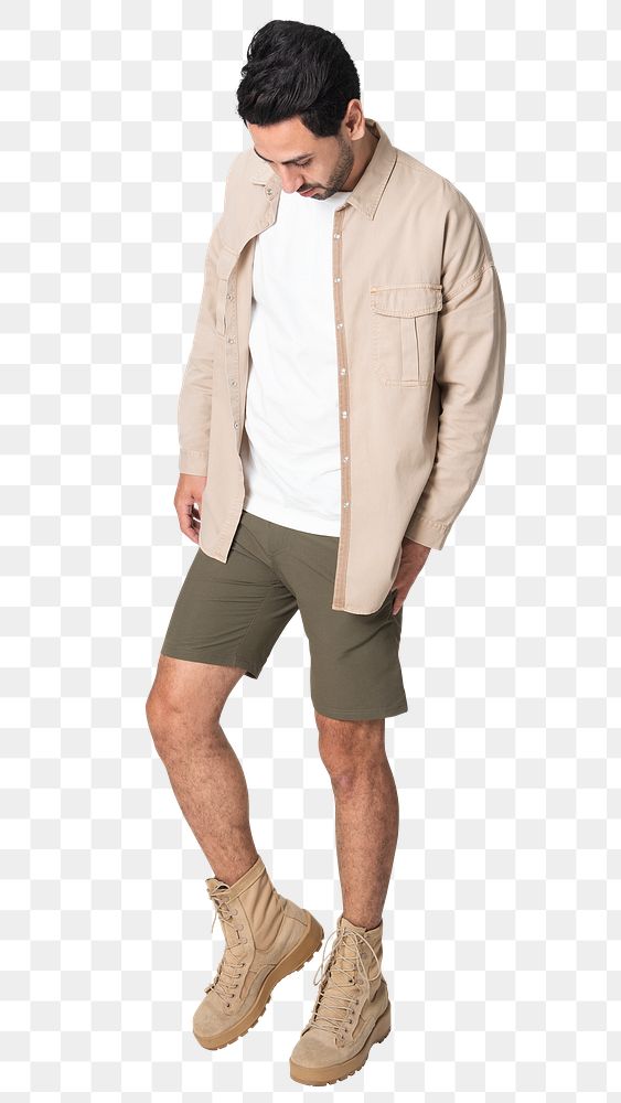 Man png mockup in beige jacket and shorts casual fashion full body 