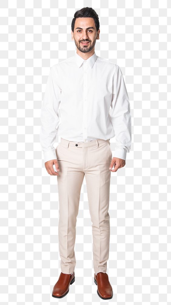 Man png mockup in beige slack pants and shirt formal wear full body