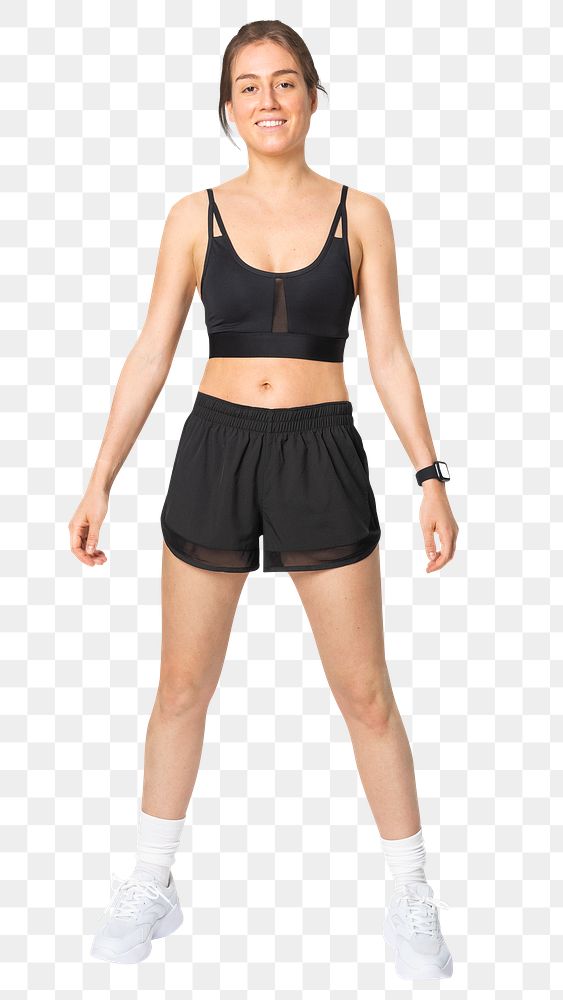 Woman png mockup in black sports bra and shorts activewear fashion full body