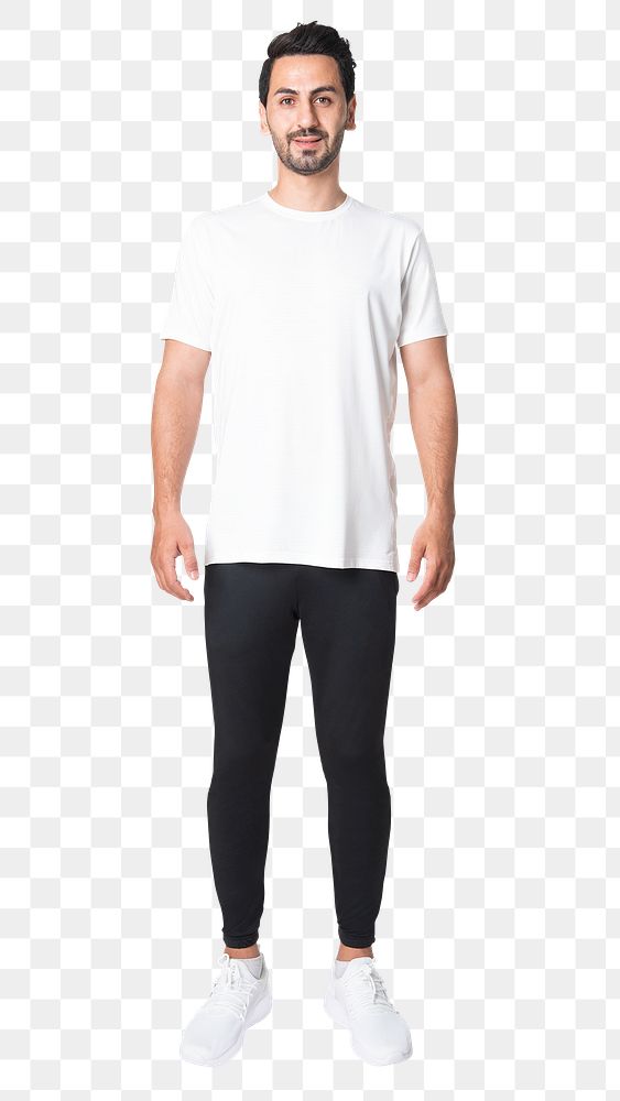 Man png mockup in white tee and leggings activewear fashion full body