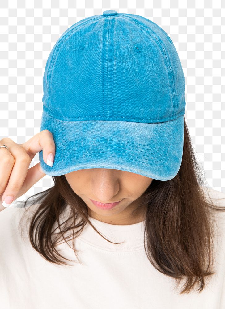 Png asian woman mockup wearing blue cap