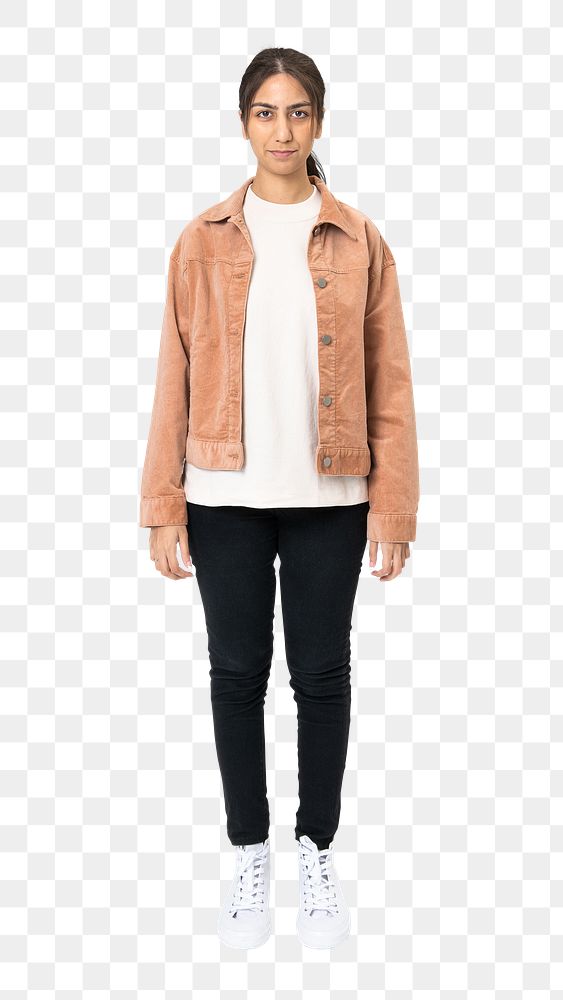 Woman png mockup in brown jacket casual wear fashion full body