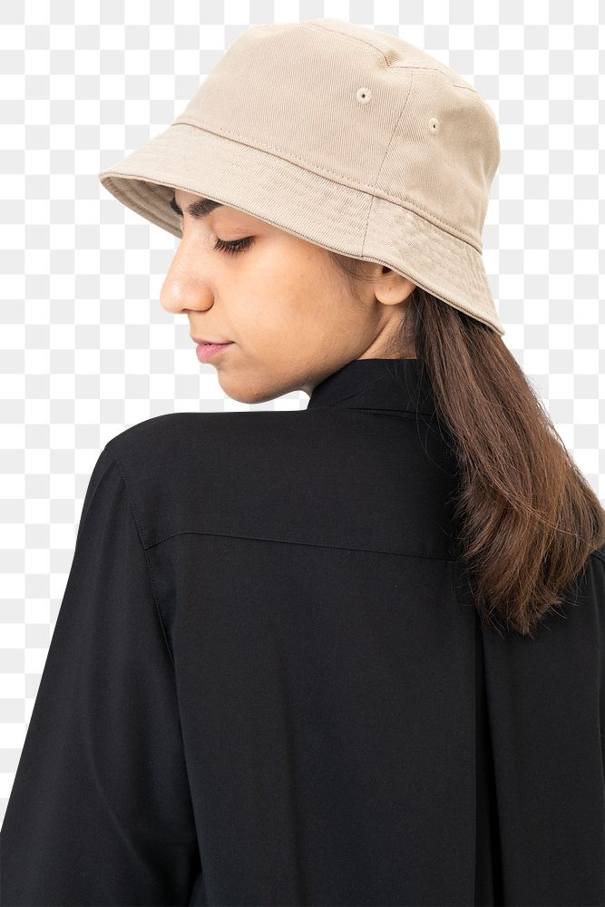 Png woman mockup wearing beige bucket hat and shirt