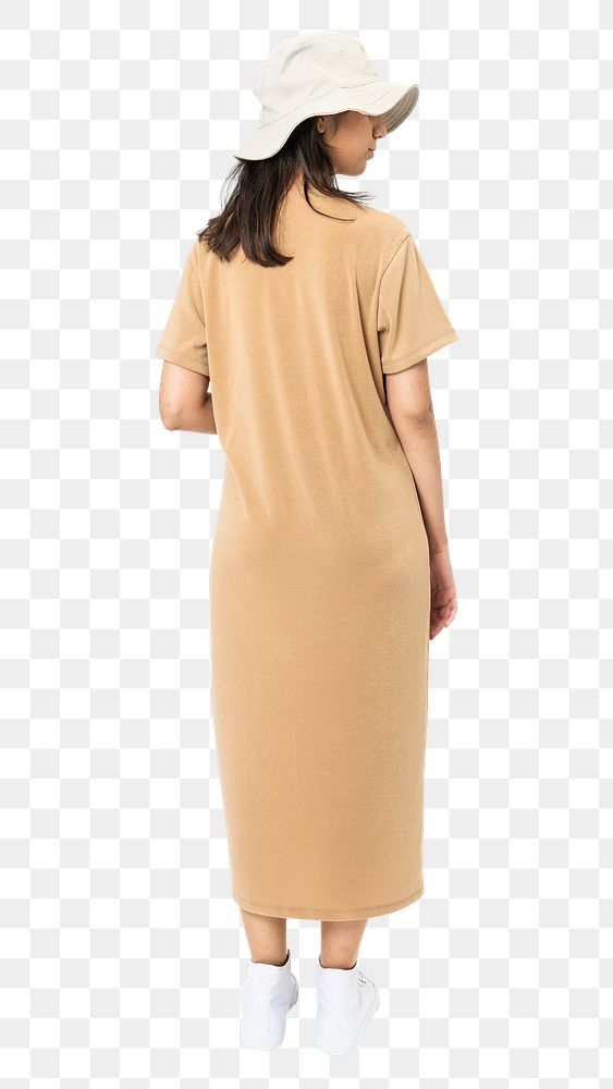Woman png mockup in brown t-shirt dress with bucket hat casual wear rear view