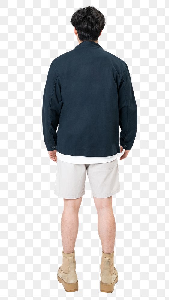 Man png mockup in navy jacket and shorts casual fashion rear view